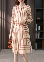 Elegant Light Coffee O-Neck Striped Side Open Silk Maxi Dress Half Sleeve