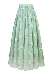 Elegant Light Green Butterfly Embroidered High Waist Tulle Maxi Skirts Spring