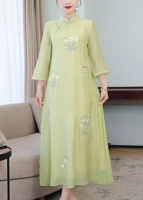 Elegant Light Green Stand Collar Embroidered Silk Long Dresses Half Sleeve