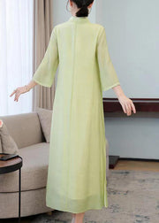 Elegant Light Green Stand Collar Embroidered Silk Long Dresses Half Sleeve