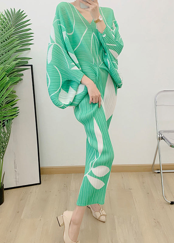 Elegant Light Green V Neck Print Wrinkled Vacation Dresses Long Sleeve
