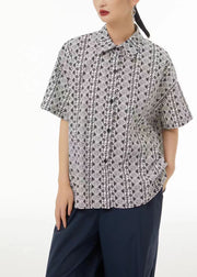 Elegant Light Grey Peter Pan Collar Print Cotton Shirt Top Short Sleeve
