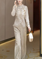 Elegant Light Khaki Asymmetrical Ruffled Cotton Two-Piece Set Long Sleeve