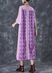 Elegant Light Purple Oversized Patchwork Wrinkled Linen Dress Half Sleeve