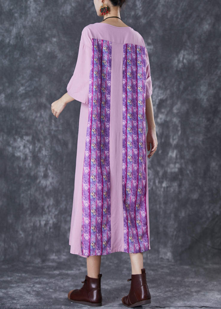 Elegant Light Purple Oversized Patchwork Wrinkled Linen Dress Half Sleeve