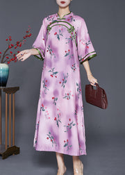 Elegant Light Purple Print Chinese Style Long Dresses Half Sleeve