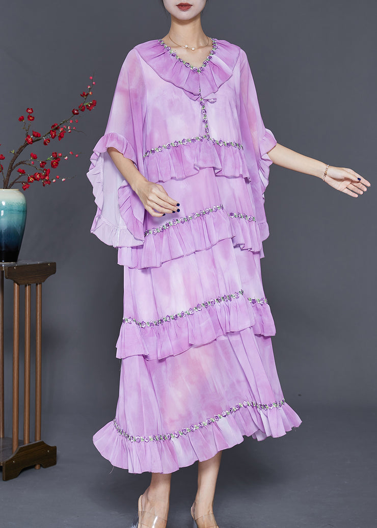 Elegant Light Purple Ruffled Tie Dye Chiffon Maxi Dresses Summer
