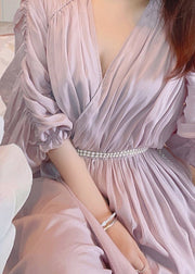 Elegant Light Purple V Neck Asymmetrical Pearl Tie Waist Silk Maxi Dress Puff Sleeve