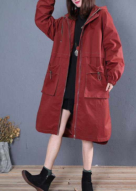Elegant Loose fitting long jackets fall jacket red side open hooded Coat Women - SooLinen