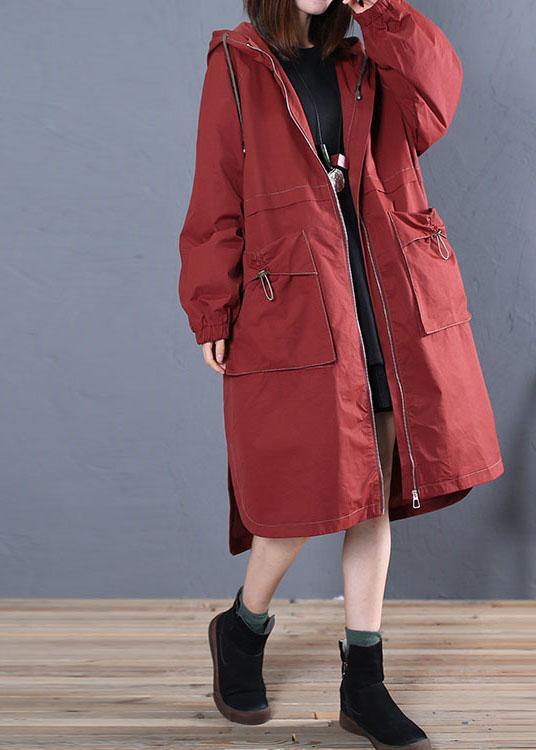 Elegant Loose fitting long jackets fall jacket red side open hooded Coat Women - SooLinen