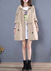 Elegant Loose fitting medium length jackets fall khaki drawstring coats - SooLinen