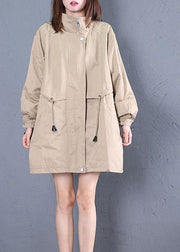 Elegant Loose fitting medium length jackets fall khaki drawstring coats - SooLinen