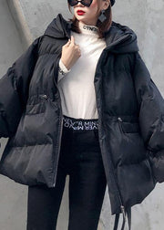 Elegant Loose fitting winter jacket drawstring coats black hooded women parka - SooLinen
