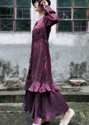 Elegantes kastanienbraunes asymmetrisches Design Patchwork-Rüschen-Chiffon-Kleid mit langen Ärmeln