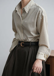 Elegant Mocha Peter Pan Collar Striped Low High Design Button Shirts Long Sleeve