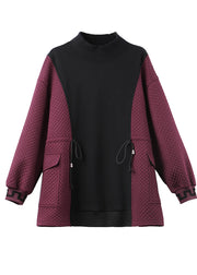 Elegant Mulberry Drawstring Patchwork Warm Fleece Sweatshirts Top Winter