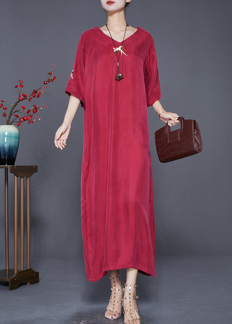 Elegant Mulberry Embroidered Side Open Silk Maxi Dresses Summer