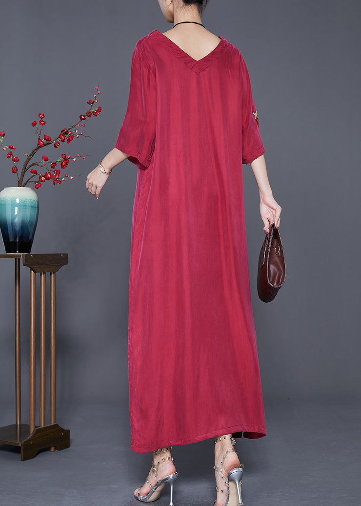 Elegant Mulberry Embroidered Side Open Silk Maxi Dresses Summer
