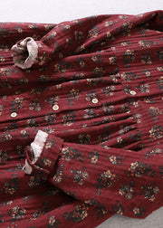 Elegant Mulberry Print Button Cotton Holiday Dress Spring