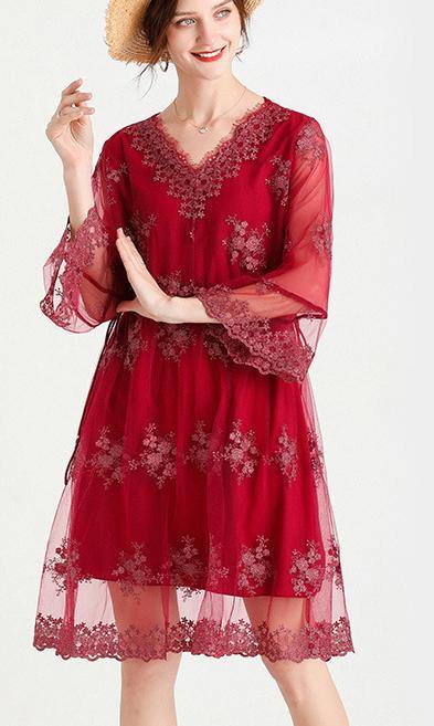 Elegant Mulberry V Neck Petal Sleeve Mini Summer Lace Dress - SooLinen