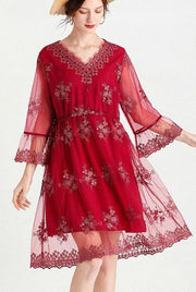 Elegant Mulberry V Neck Petal Sleeve Mini Summer Lace Dress - SooLinen