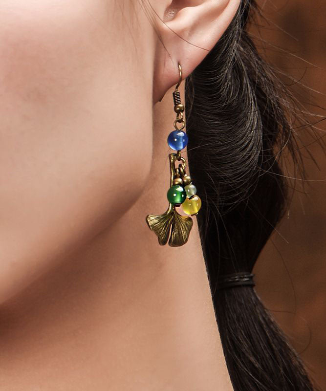 Elegant Multi Agate Ginkgo Leaf Made Of Copper Drop Earrings
