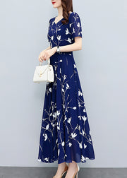 Elegant Navy Blue V Neck Print Slim Chiffon Maxi Dresses Summer