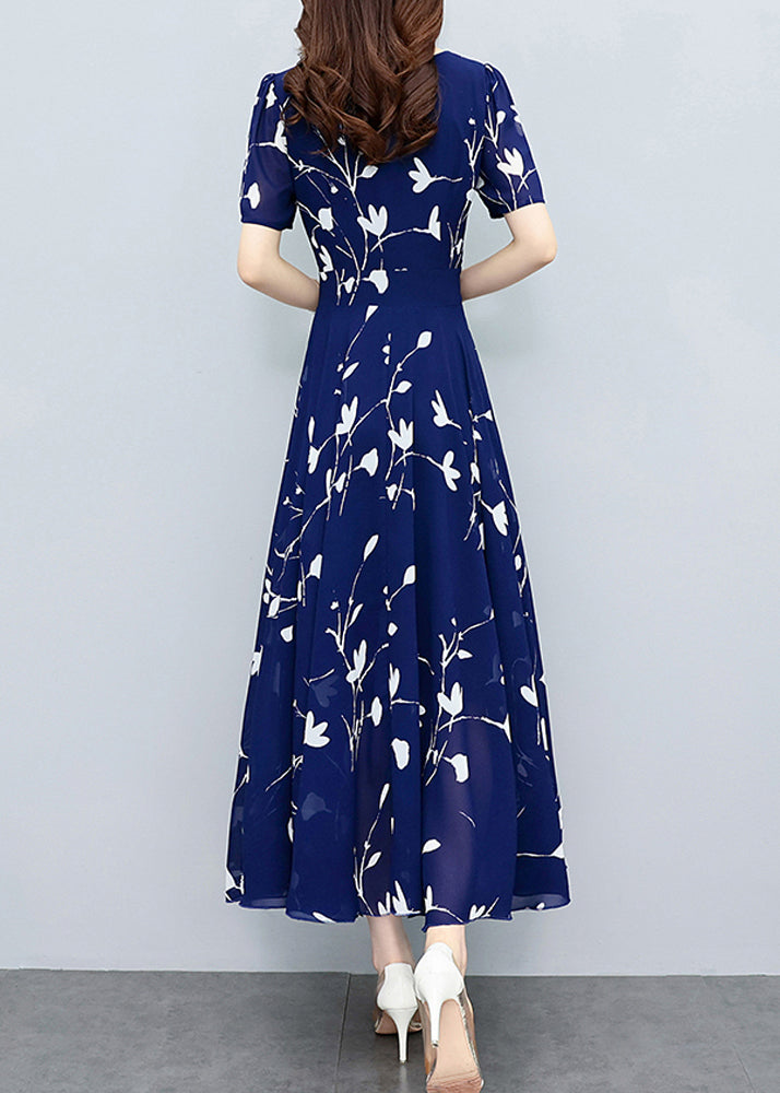 Elegant Navy Blue V Neck Print Slim Chiffon Maxi Dresses Summer