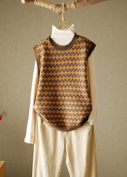 Elegant Navy O-Neck Plaid Knitted Cotton Thread Waistcoat Fall