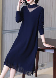 Elegant Navy O-Neck Tasseled Wool Knit Dress Long Sleeve