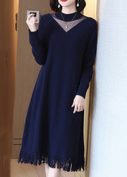 Elegant Navy O-Neck Tasseled Wool Knit Dress Long Sleeve