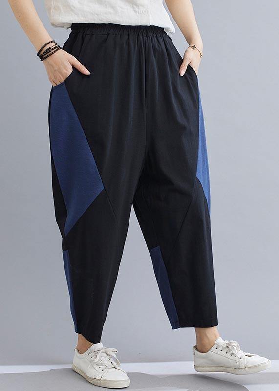 Elegant Navy Patchwork Elastic Waist Radish trousers Pants Summer Cotton Linen - SooLinen