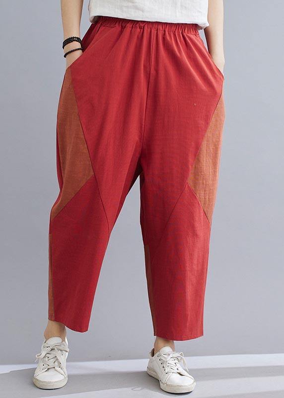 Elegant Navy Patchwork Elastic Waist Radish trousers Pants Summer Cotton Linen - SooLinen