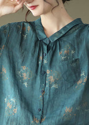 Elegant Navy Peter Pan Collar Wrinkled Linen Shirt Top Short Sleeve