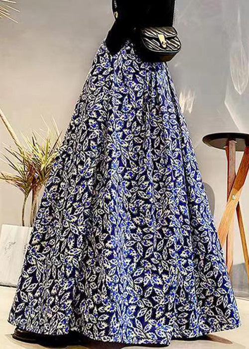 Elegant Navy Print Elastic Waist Patchwork Cotton Maxi Skirts Fall