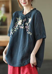 Elegant Navy Ruffled Embroideried Summer Linen Shirt - SooLinen