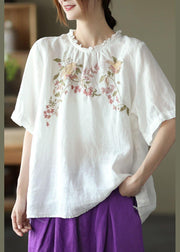 Elegant Navy Ruffled Embroideried Summer Linen Shirt - SooLinen