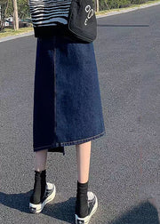Elegant Navy Side Open Asymmetrical Pocket Cotton Denim Wraped Skirts Summer