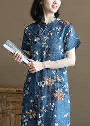 Elegantes Marine-Stehkragen-Print orientalisches Leinenkleid im chinesischen Stil mit kurzen Ärmeln