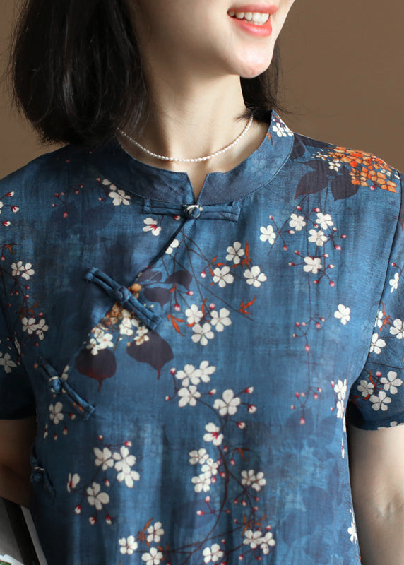 Elegantes Marine-Stehkragen-Print orientalisches Leinenkleid im chinesischen Stil mit kurzen Ärmeln