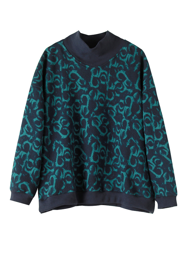 Elegant Navy Turtle Neck Print Cotton Sweatshirt Spring