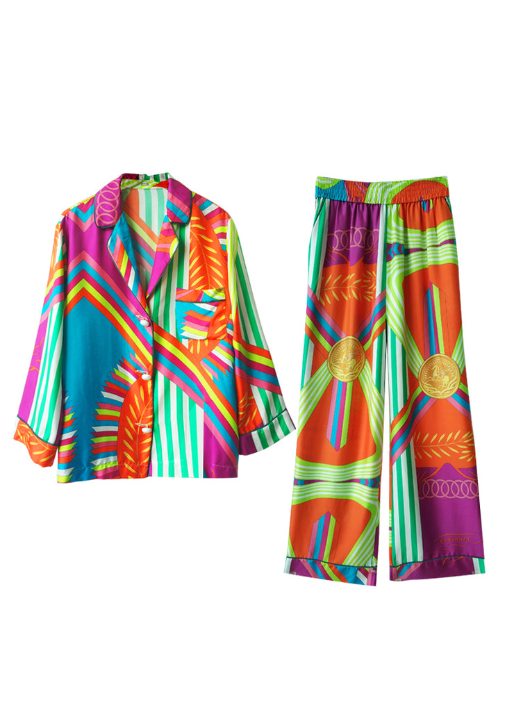 Elegant Notched Striped Patchwork Button Ice Silk Pajamas Two Pieces Set Long Sleeve
