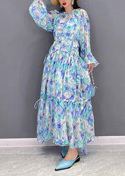 Elegant O-Neck Drawstring wrinkled Print Chiffon Long Dresses lantern sleeve