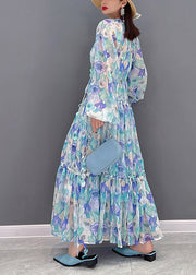 Elegant O-Neck Drawstring wrinkled Print Chiffon Long Dresses lantern sleeve