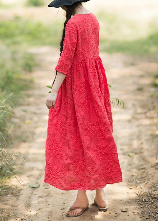 Elegant O Neck Half Sleeve Summer Outfit Neckline Red Embroidery Robes Dresses - SooLinen