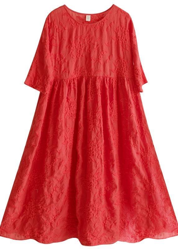 Elegant O Neck Half Sleeve Summer Outfit Neckline Red Embroidery Robes Dresses - SooLinen