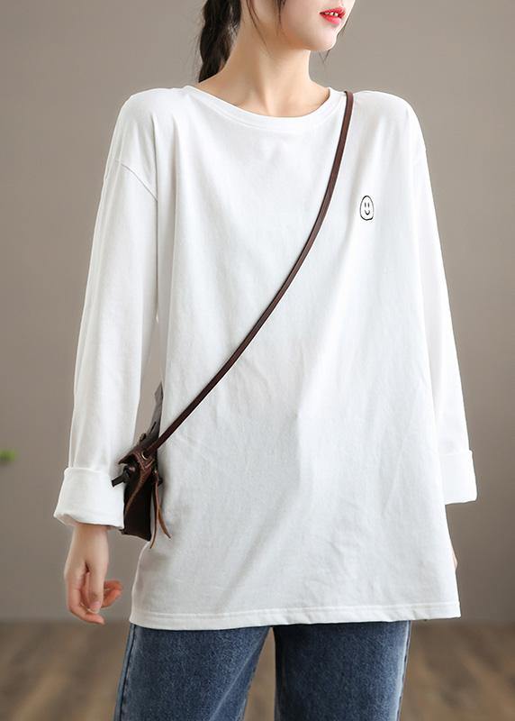 Elegant O Neck Linen Spring Blouse Fabrics White Smiling Face Blouse - SooLinen