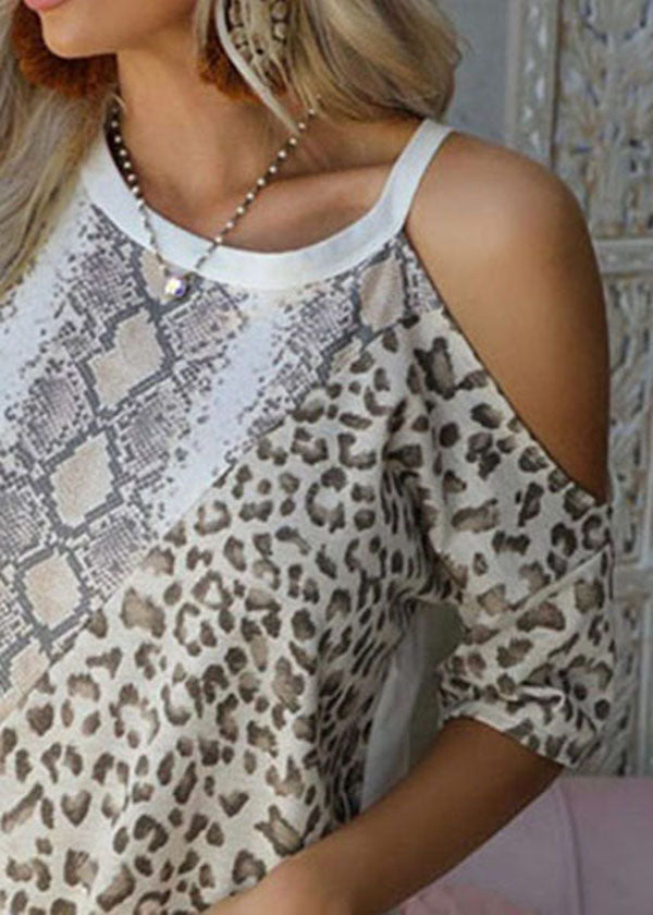 Elegant O-Neck One Shoulder Design Patchwork Leopard Serpentinec Print Top Short Sleeve