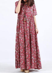 Elegant O Neck Patchwork Summer Dress Sewing Red Print Loose Dress - SooLinen