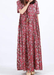Elegant O Neck Patchwork Summer Dress Sewing Red Print Loose Dress - SooLinen